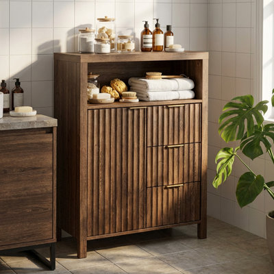 Armoire de salle de bain noyer 1 porte 3 tiroirs