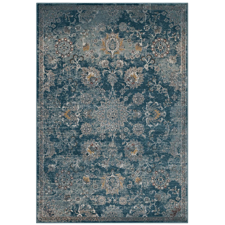 Cynara Distressed Floral Vintage Medallion 5x8 Area Rug in Silver Blue Teal and Beige by Modway