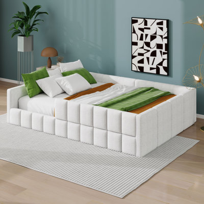 Upholstered Floor Bed Frame With Headboard And Footboard, Daybed With Sturdy Slats And Guardrails
