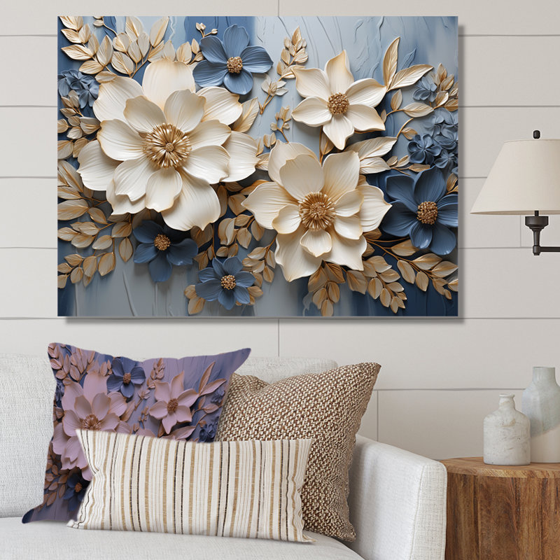 Composition de fleurs saisonnières beige et bleu - Fleurs saisonnières, Toile tendue, H 34 po x l 44 po x P 1,5 po