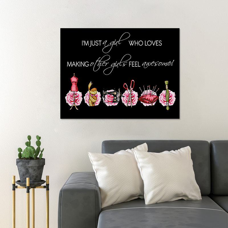 Outils de couture sur des roses - Une fille qui aime faire d'autres filles se sentir impressionnante - 1 pièce, impression d'art graphique rectangulaire sur toile tendue