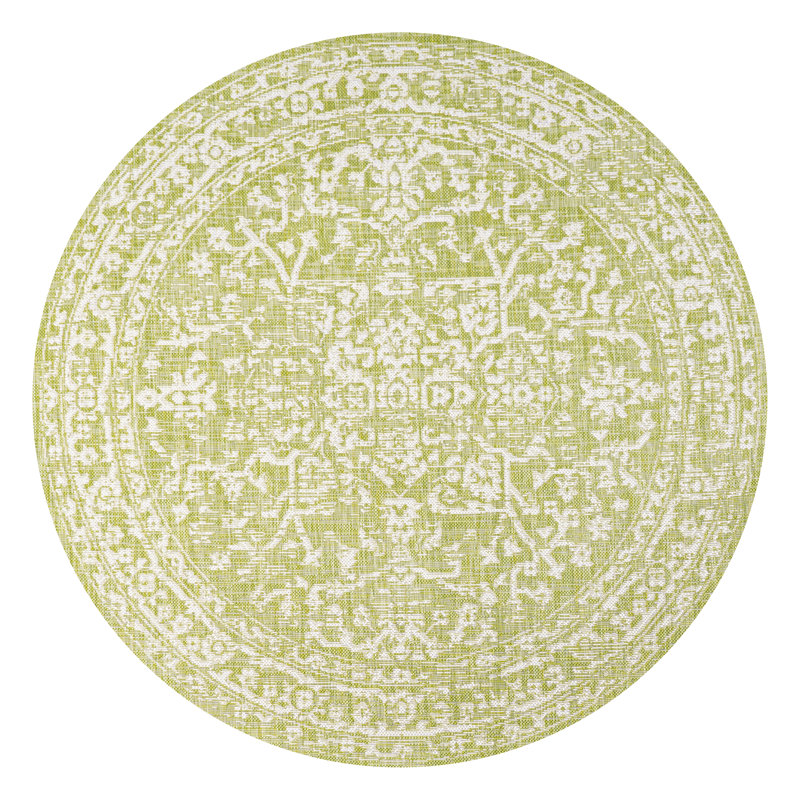 Massimo Bohemian Medallion Textured Weave Green/Cream Indoor/Outdoor Rug, Round 5'3"