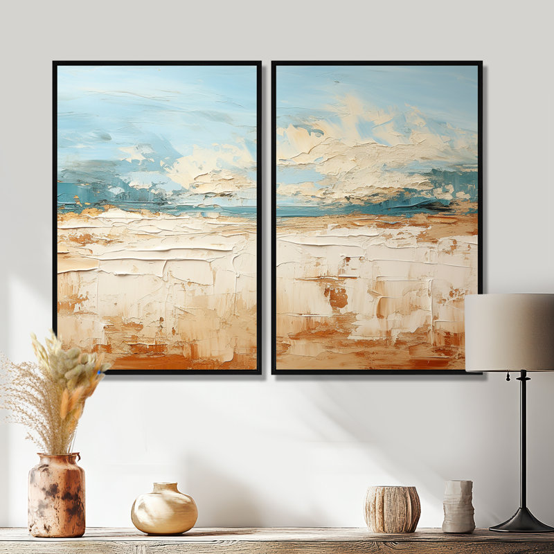 Coastal Beach Sand Whispers I - Ensemble de 2 décorations murales Coastal Beach, 36" H x 48" W, Impression encadrée flottante