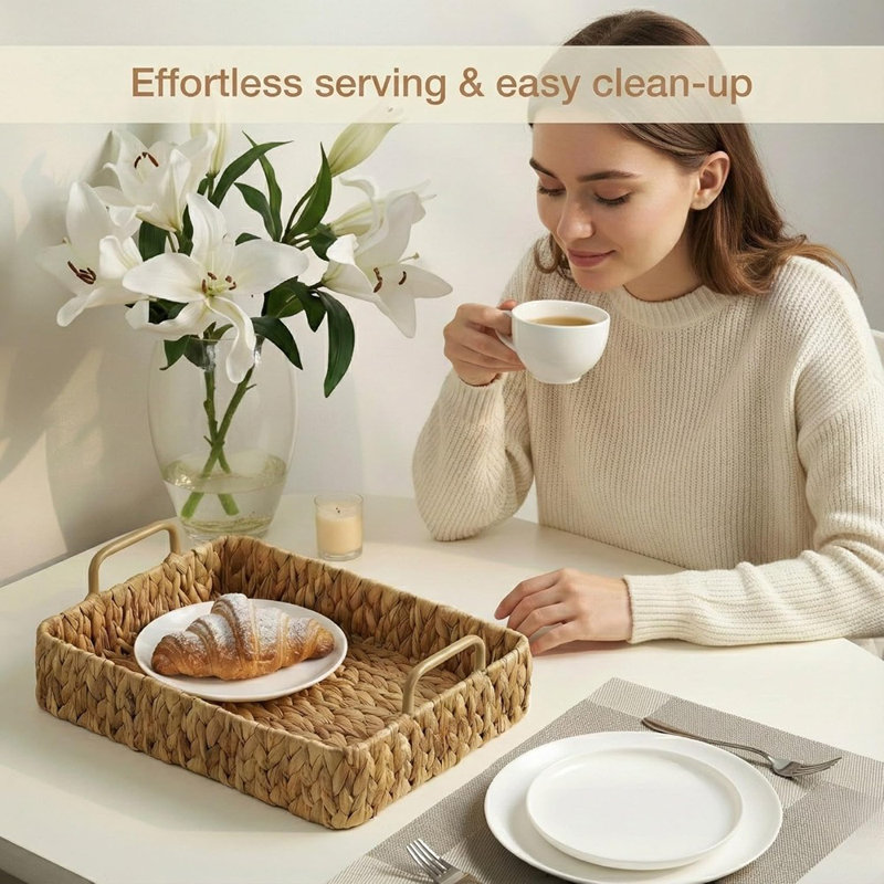 Rectangular Wicker Trays With Handles, Decorative Trays For Coffee Table, Ottoman, And Home Decor