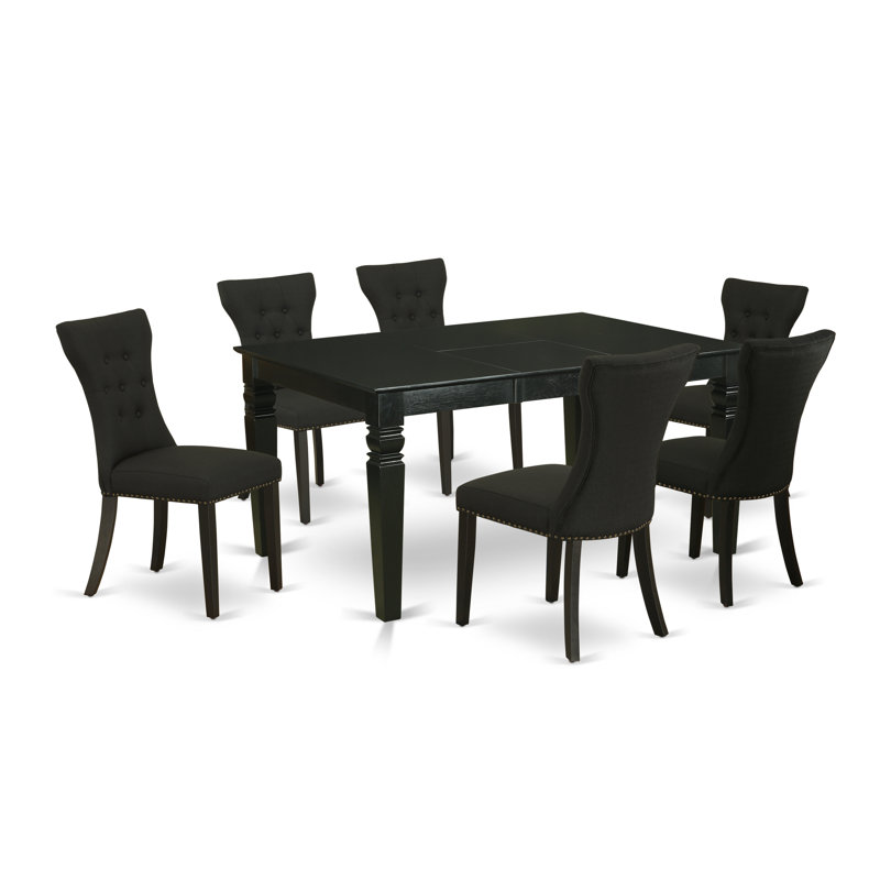 7 Piece Kitchen Table Set Consist of a Rectangle Dining Table with Butterfly Leaf and 6 Black Linen Fabric Parsons Dining Chairs, Black