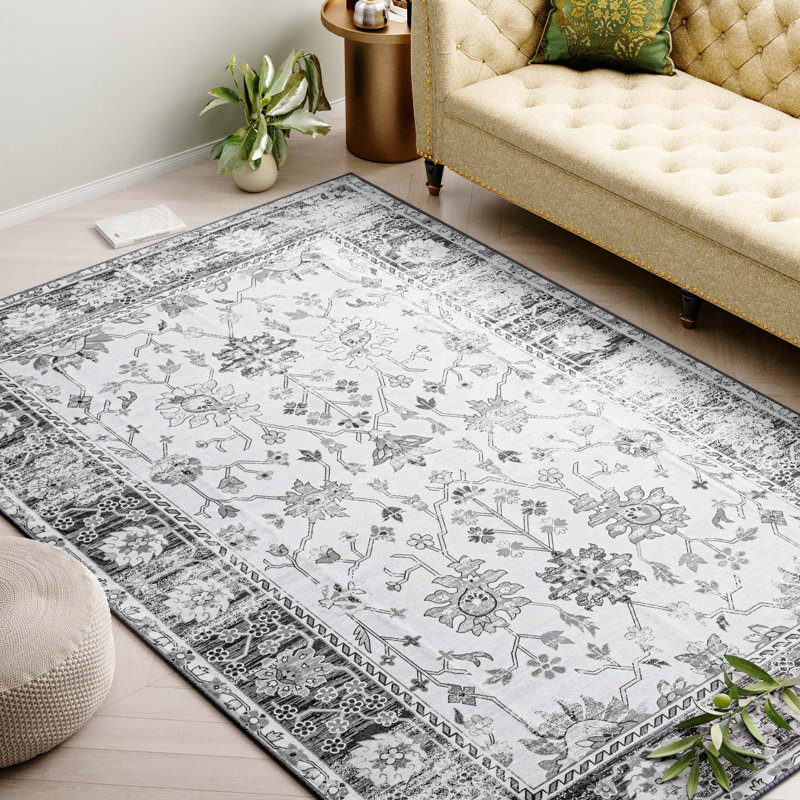 Non-Slip Machine Washable Vintage Area Rug in Grey/Cream for Living Room, Bedroom, Hallway Runner Indoor Rugs