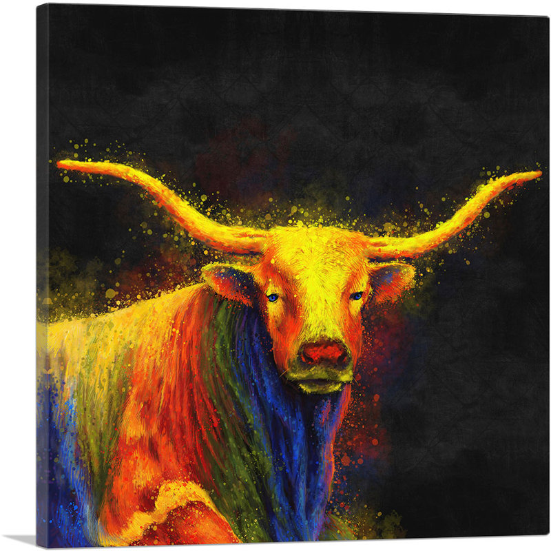 Texas Longhorn Bull Bovins - reproduction d'art sur toile tendue, H 12 po x l 12 po x P 1,5 po