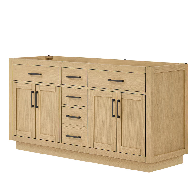 Base de meuble-lavabo double autoportante de 65 po Beckett seulement, Chêne foncé, Or brossé