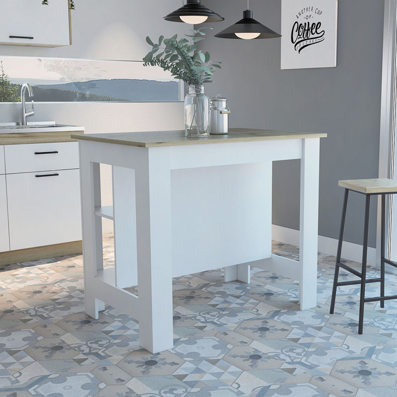 Kitchen Island, Four Legs, Three Shelves, White/Natural