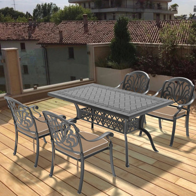 Patio avec 5 meubles et coussins en fonte d'aluminium - Structure résistante à la rouille