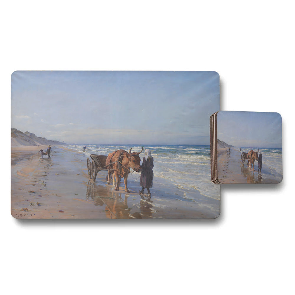 Beach Scene Placemats And Coasters Set With Horse Drawn Cart Artwork