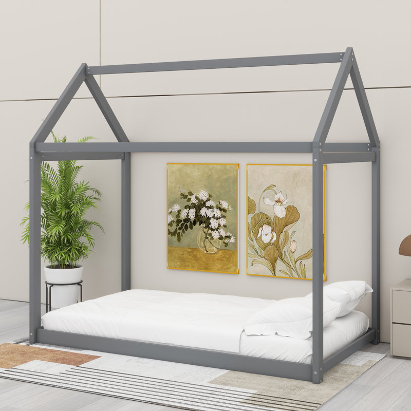 Lit en bois massif en forme de maison avec lattes de soutien, Gris