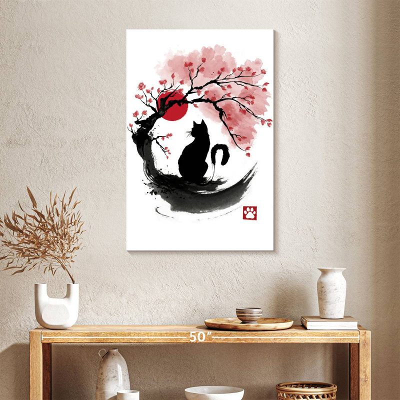 Brampt Sakura Cat Sumi-E, 36" H x 24" W