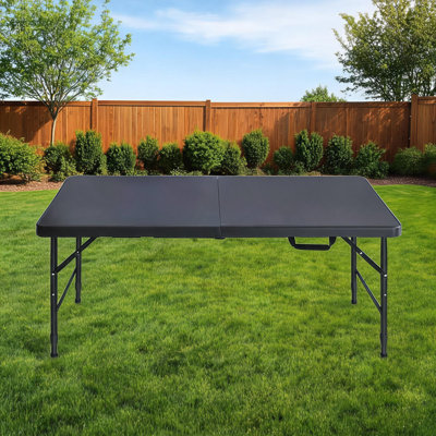 Table pliante robuste de 120 cm – Hauteur réglable, structure portable en plastique et acier avec poignée, pieds antidérapants, capacité de charge de 136 kg, étanche pour une utilisation intérieure et extérieure – Noir