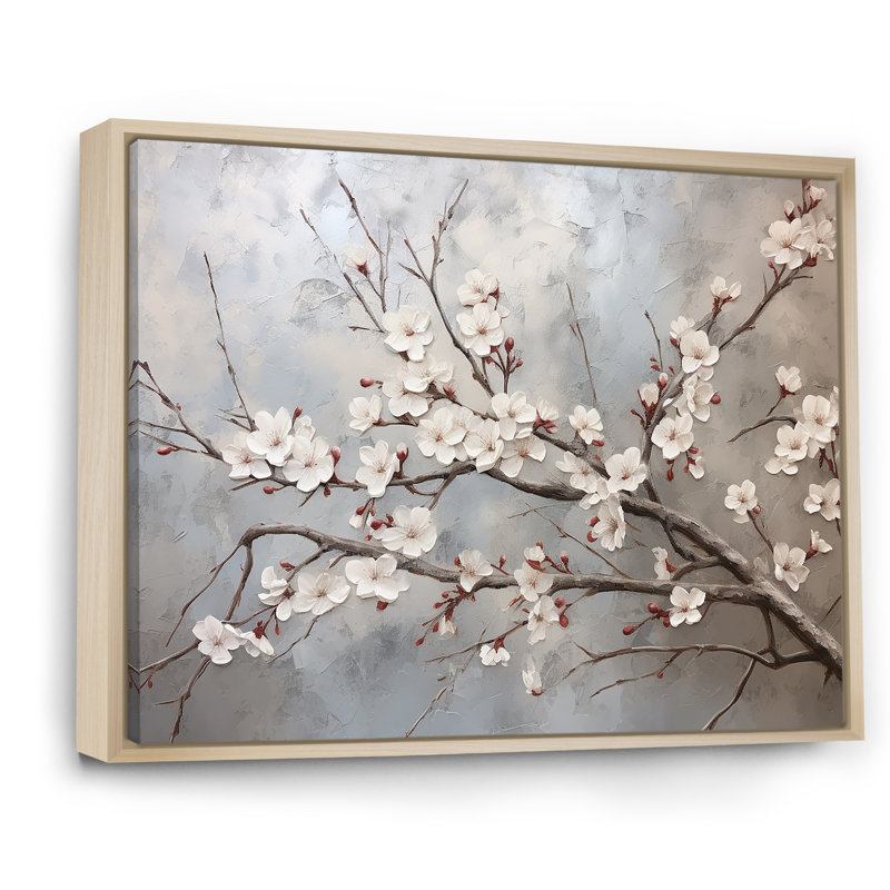 Fleur de cerisier minimaliste gris et beige I - art mural Cherry Blossom, H 34 po x l 44 po x P 1,5 po