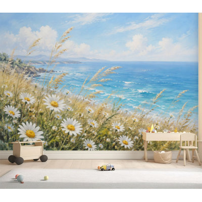 Wall Mural Peel and Stick Wallpaper Farmhouse Boho Beach Coastal Vintage Floral Ocean Daisy Flowers Sea Self-Adhesive Removable Contact Paper Wall Decor for Living Room Bedroom 69"H x 96"W