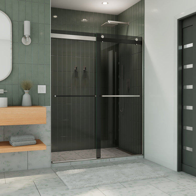 56" - 60" W x 76" H Reversible Frameless Shower Door with ClearMax Technology, Brushed Nickel/Smoke Gray