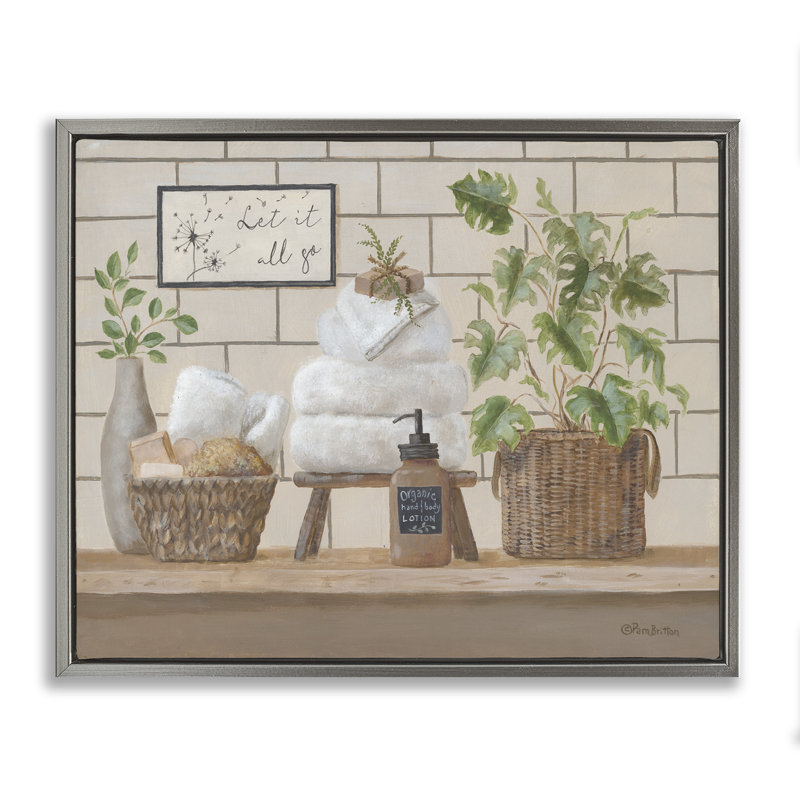 «Comforting Bathroom Spa Still Life», toile encadrée flottante grise par Pam Britton, Cadre flottant gris lustré