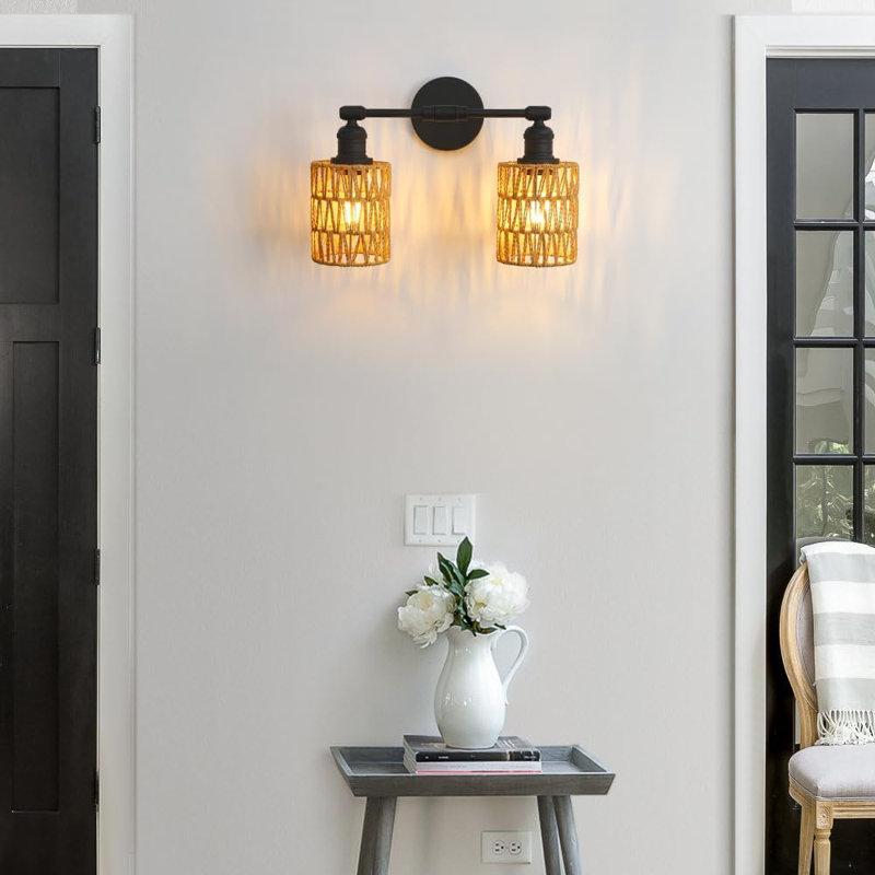Rattan Wall Sconce Light - Hand-Woven Boho Vintage Wall Lamp With Braided Rope Shade, Hardwired Indoor Fixture For Bedroom, Bathroom, Reading Nook