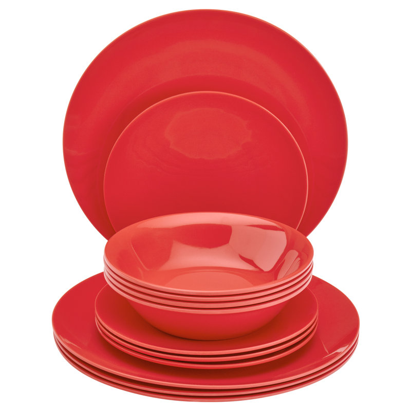 Tabletops Gallery Peacock 12 Piece Melamine Dinnerware Set, Red