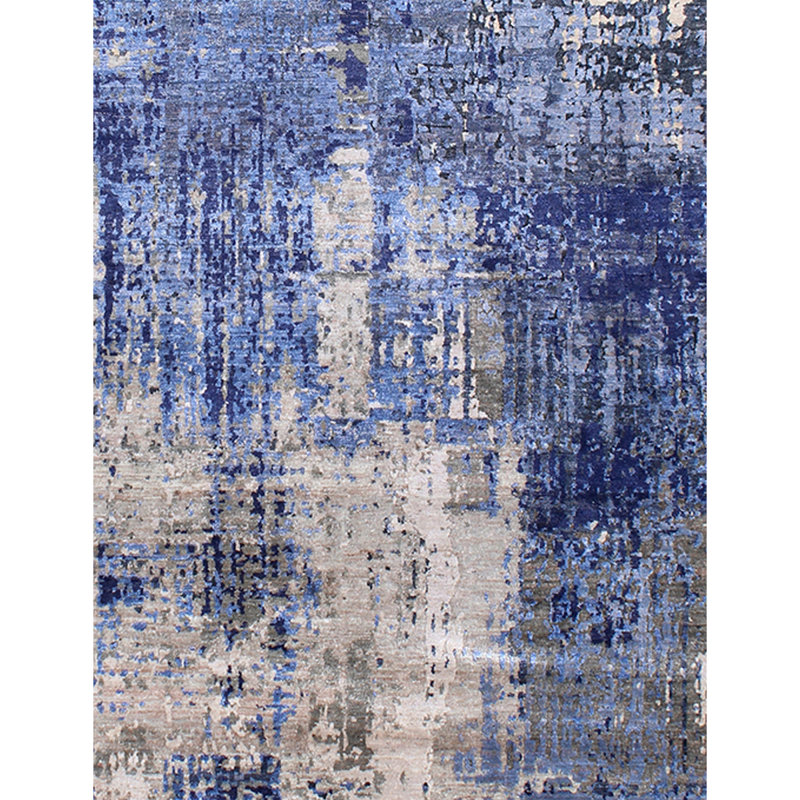 Tapis bleu / gris de haute qualité noué à la main, Rectangle 6 pi x 9 pi