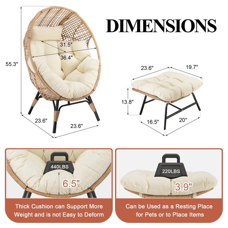 All-Weather Wicker Outdoor Indoor Patio Egg Lounge Chair with Ottoman (Set of 2), Beige