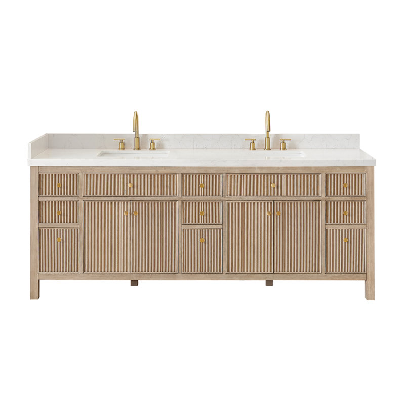 Lala 84" Double Bathroom Vanity with Grain White Engineered Stone Countertop without Mirror, Nature Oak