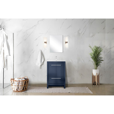 24 In. W X 20 D Navy Blue Vanity For Bathroom, White Quartz Countertop, Faucet , 18 Mirror - Long-lasting And To Scratches Stains A Captivating Bath Top, Faucet,