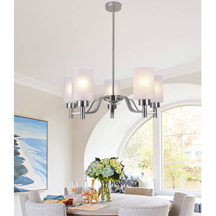 Brushed Nickel Chandelier, Modern 5-Light Hanging Pendant Light With Frosted Glass Shades, Adjustable Height Ceiling Fixture For Dining Room, Kitchen, Living Room & Foyer