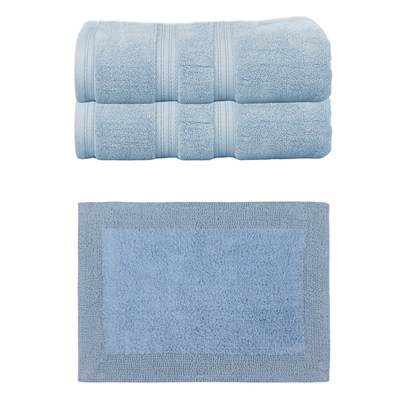 Ensemble de serviettes de bain 100% coton Buariki Collection et tapis de bain 1 pièce réversible, Bleu