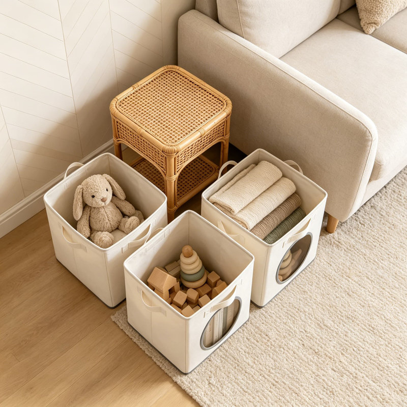 Ultra Thick Fabric Foldable Storage Cubes With Mesh Window, 13 Inch Cube Storage Organizer For Clothes, Shelves, Toys, And Office, 4 Pack, White And Ivory