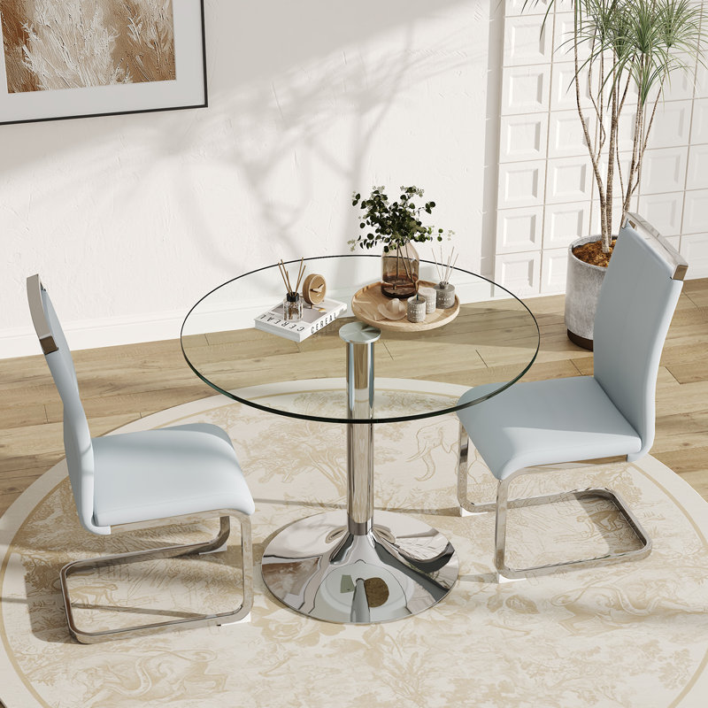 Ensemble de table de salle à manger moderne en verre trempé avec chaises rembourrées en similicuir, Gris clair