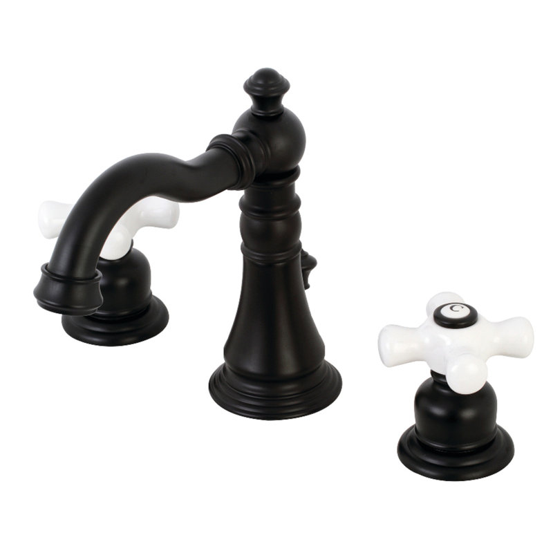 Kingston Brass American Classic Two-Handle 3-Hole Deck Mount Widespread Bathroom Faucet with Brass Pop-Up Drain, Matte Black