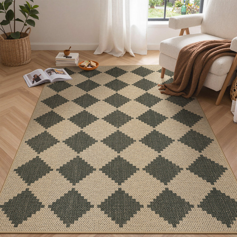 Machine Washable Outdoor Rug, Non-Slip Diamond Area Rug, Rectangle 5' x 7'