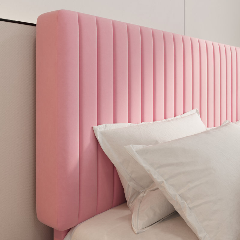 Velvet Upholstered Platform Bed With Adjustable Vertical Channel Tufted Headboard, King, Pink