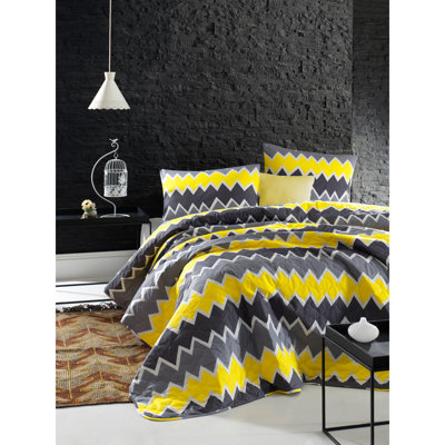 Ensemble de couvre-lit 100% coton jaune / blanc / gris Addre