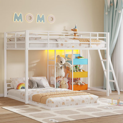 Low Bunk Bed Twin Over Twin Size With Storage And Led Lights, L-Shaped Metal Bunk Beds With 3-Tier Open Fabric Storage, Twin Floor Bunk Beds With Full-Length Guardrail And Ladder, White