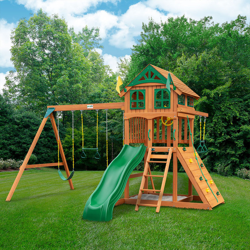 Avalon Cedar Wood Swing Set with Green Slide and Fort
