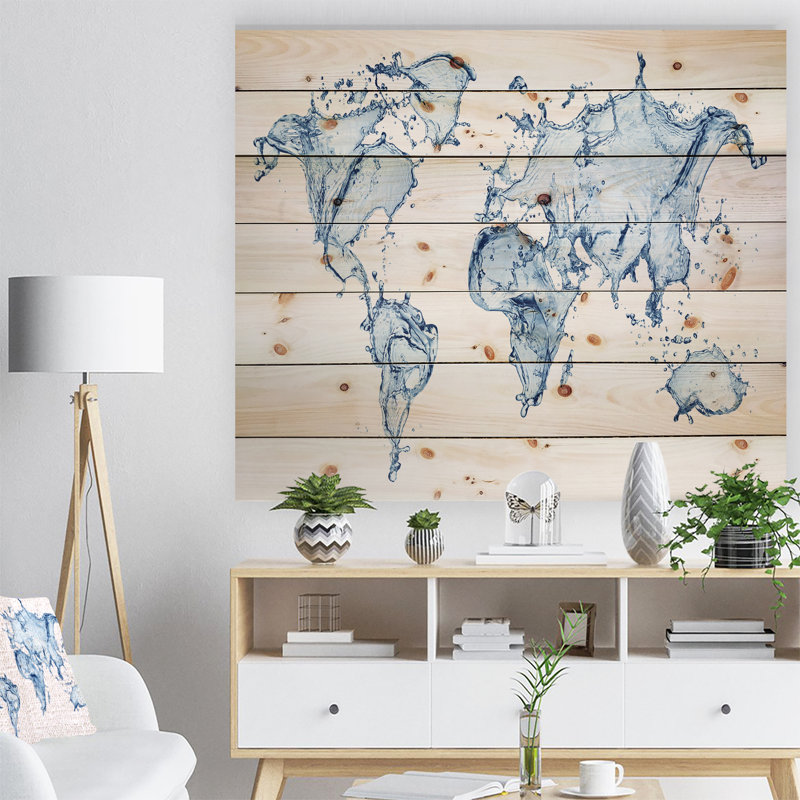 « world map water splash », impression, H 15 po x l 20 po x P 1 po, Bois