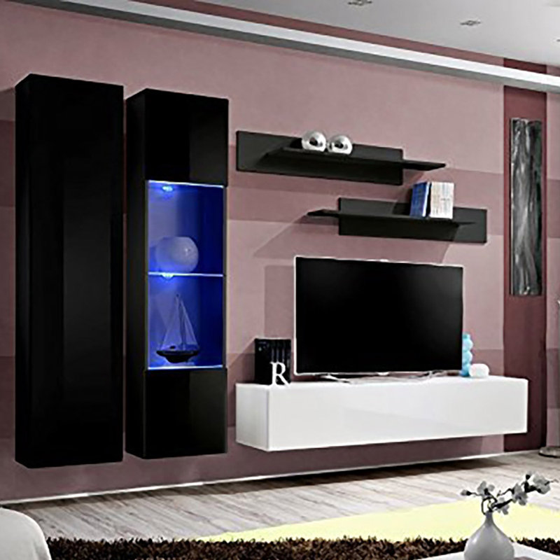 Meuble audio-vidéo mural flottant moderne 100 "avec éclairage à DEL 16 couleurs Villard, finition brillante, Noir / Blanc