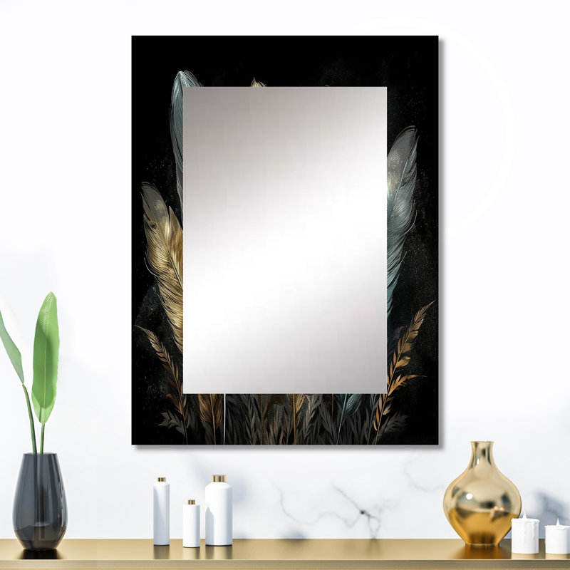 Gold Gilded Feathers II - Glam Feather Unique Mirror, Modern Large Wall Mirror, Printed Metal Art, 32" x 24"