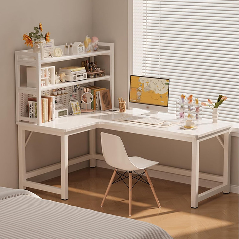 L-shaped Computer Desk With Storage Shelves & Pegboard, Modern Corner Office Desk For Home Office