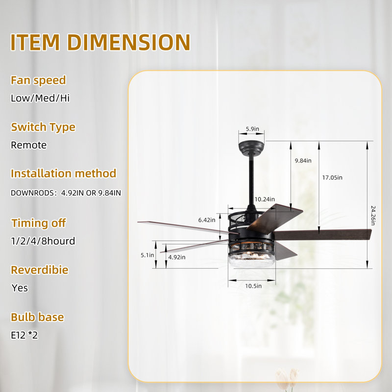 Ventilateur de plafond 52 po avec ensemble d'éclairage Jennavicia