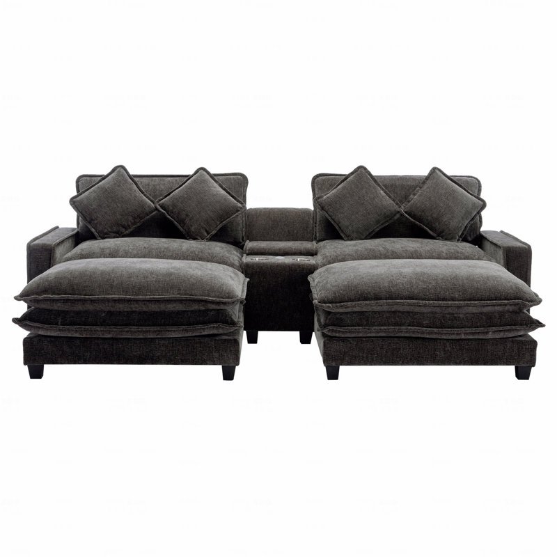 Basic Sectional Sofa, 111"  Sofa Chenille Upholstered Sofa With Two Removable Ottoman, Two Usb Ports, Two Cup Holders And Large Storage Box