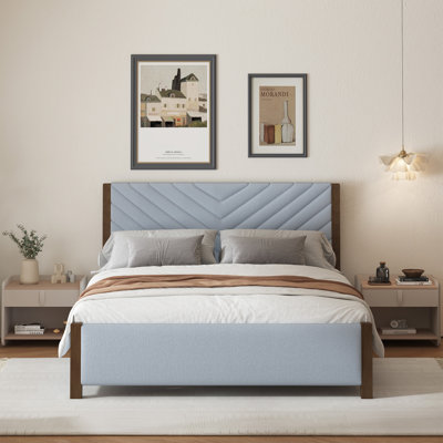 Base de lit tapissier moderne avec tête de lit capitonnée et pieds en bois massif de style moderne Mid-Century