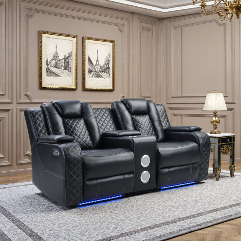 Canapé à inclinaison électrique en cuir à deux moteurs avec console et haut-parleur Bluetooth Lamica, Noir