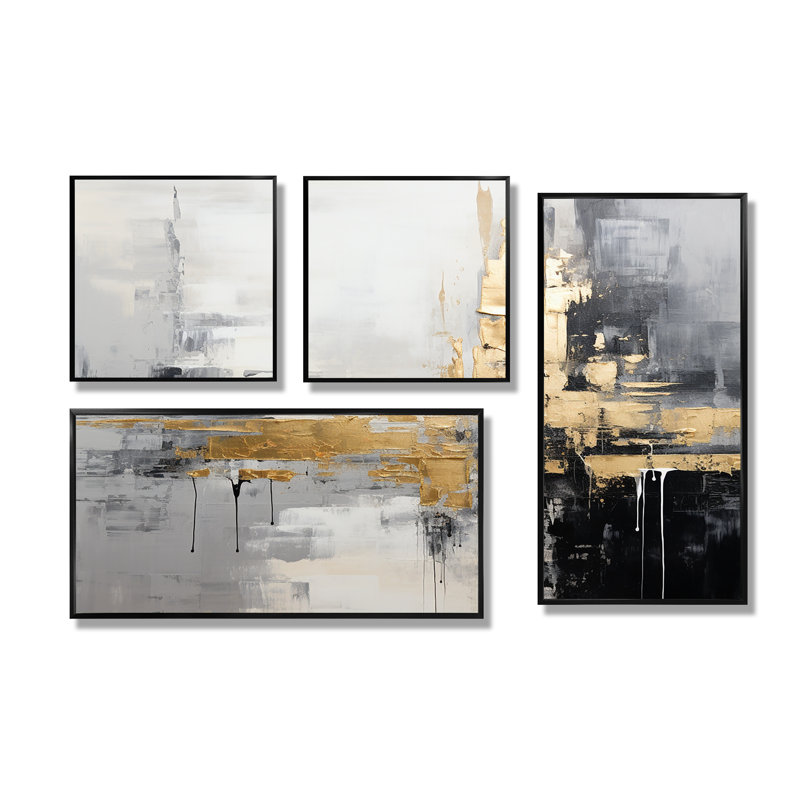 Grandes impressions abstraites sur toile, 4 pièces, Noir, Impression encadrée sans passe-partout
