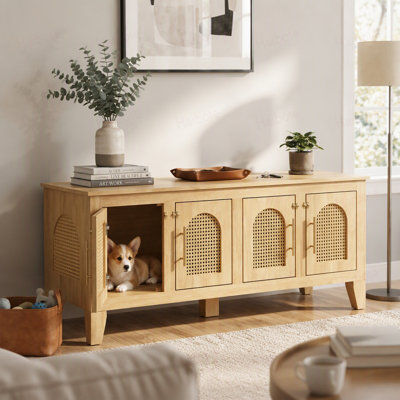 Cage pour chien Lars en bois d'hévéa décoré de rotin d'intérieur