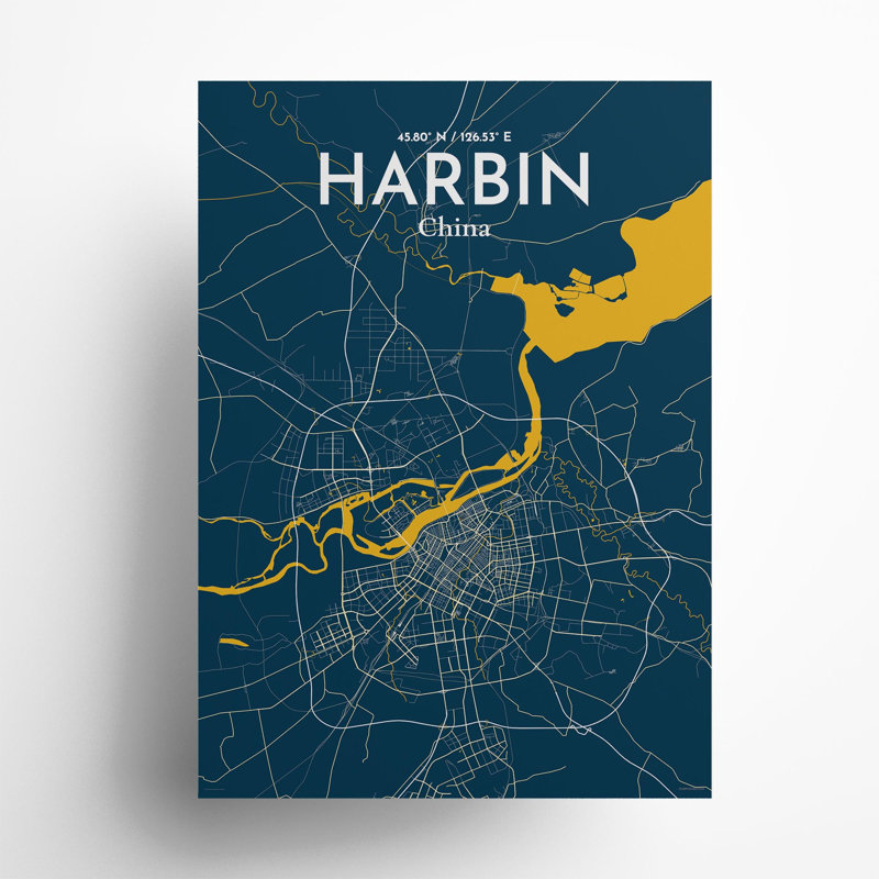 «Harbin City Map», impression, H 27,6 po x l 19,7 po, Bleu / Jaune