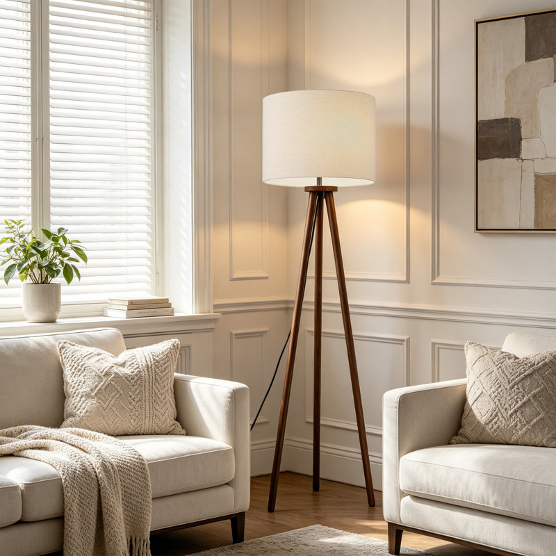 60.6'' Nordic Tripod Floor Lamp with Walnut Solid Wood Base & Linen Shade, Foot Switch, E26 Socket, UL Certified Modern Standing Lamp for Living Room, Bedroom, Study & Reading Nook